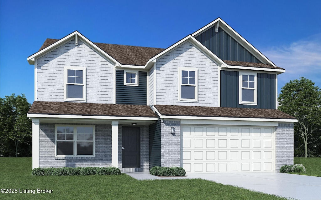 8517 Quail Creek Ct, Louisville, KY 40229 - view of front of house featuring concrete driveway, a front lawn, a garage, brick siding, and board and batten siding
