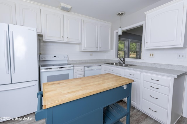 3553 Terrier Ln, Louisville, KY 40218 - kitchen with white appliances, a sink, tasteful backsplash, and white cabinets