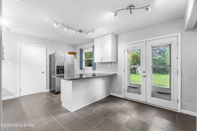 9201 Walhampton Ct, Louisville, KY 40242 - kitchen featuring stainless steel refrigerator with ice dispenser, french doors, a peninsula, white cabinets, and rail lighting