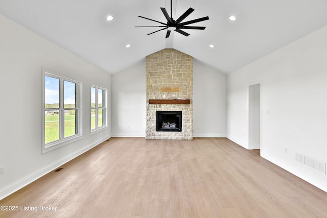 449 S Stallard Dr, Shelbyville, KY 40065 - unfurnished living room featuring a ceiling fan, a fireplace, light wood-style flooring, baseboards, and lofted ceiling