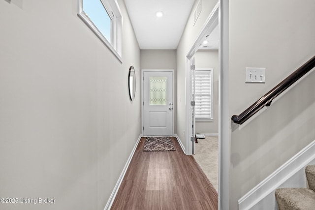 124 Exploration Path, Shelbyville, KY 40065 - doorway to outside featuring stairs, baseboards, and wood finished floors