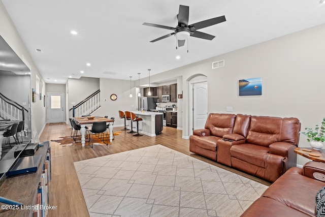 124 Exploration Path, Shelbyville, KY 40065 - living room featuring stairs, a ceiling fan, light wood-style flooring, recessed lighting, and baseboards