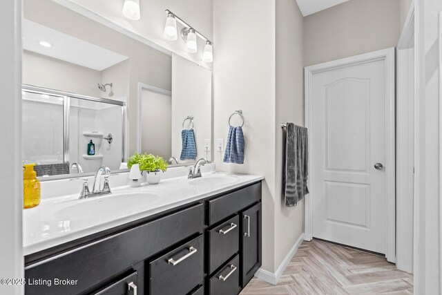 124 Exploration Path, Shelbyville, KY 40065 - full bathroom featuring a stall shower, double vanity, and baseboards