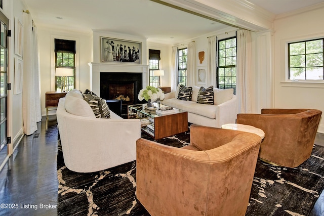 living room featuring a fireplace and ornamental molding