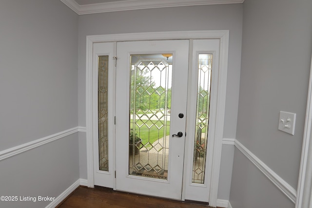 6211 Perrin, Crestwood, KY 40014 - foyer entrance featuring ornamental molding, baseboards, and dark wood-style flooring