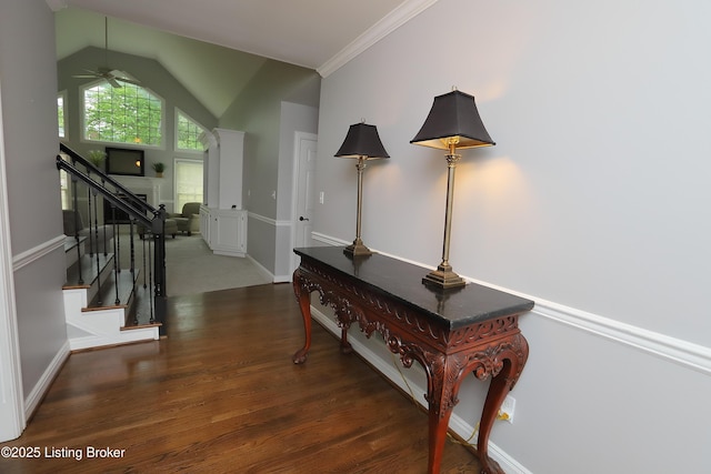 6211 Perrin, Crestwood, KY 40014 - corridor with wood finished floors, stairs, lofted ceiling, baseboards, and crown molding
