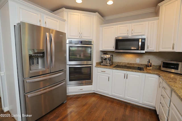 6211 Perrin, Crestwood, KY 40014 - kitchen with stainless steel appliances, crown molding, white cabinets, recessed lighting, and decorative backsplash