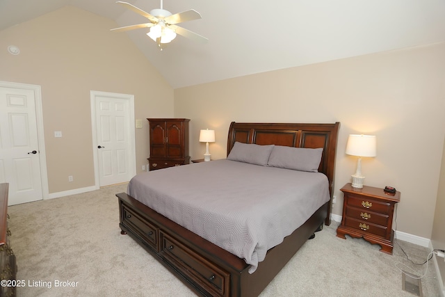 6211 Perrin, Crestwood, KY 40014 - bedroom featuring light colored carpet, high vaulted ceiling, baseboards, and ceiling fan
