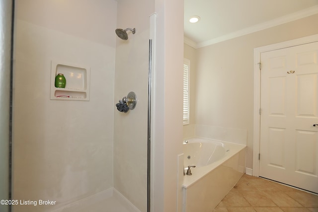 6211 Perrin, Crestwood, KY 40014 - full bathroom with a shower stall, ornamental molding, a bath, tile patterned flooring, and baseboards