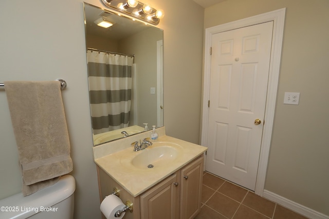 6211 Perrin, Crestwood, KY 40014 - full bathroom with vanity, tile patterned floors, toilet, baseboards, and a shower with shower curtain
