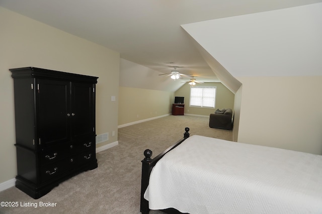 6211 Perrin, Crestwood, KY 40014 - bedroom with light colored carpet, vaulted ceiling, baseboards, and ceiling fan
