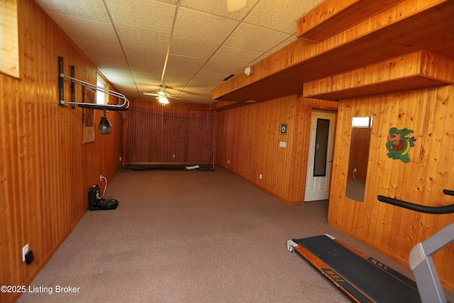 6211 Perrin, Crestwood, KY 40014 - exercise room with wood walls, a ceiling fan, and carpet