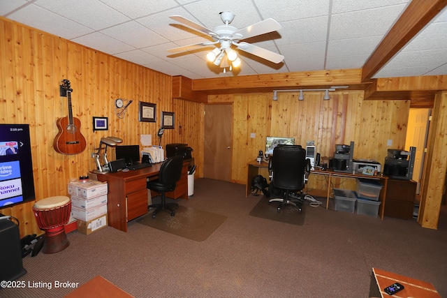 6211 Perrin, Crestwood, KY 40014 - carpeted office space with wooden walls and ceiling fan