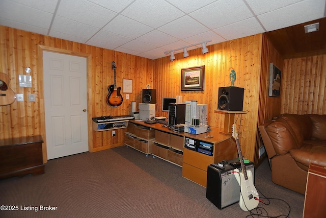 6211 Perrin, Crestwood, KY 40014 - office with track lighting, wooden walls, and dark colored carpet