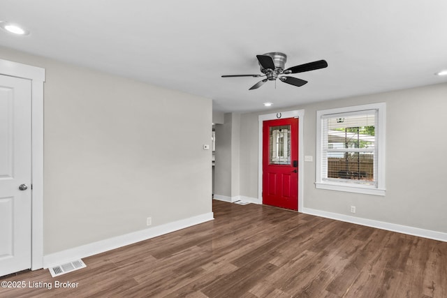 entrance foyer featuring wood finished floors, baseboards, recessed lighting, and a ceiling fan