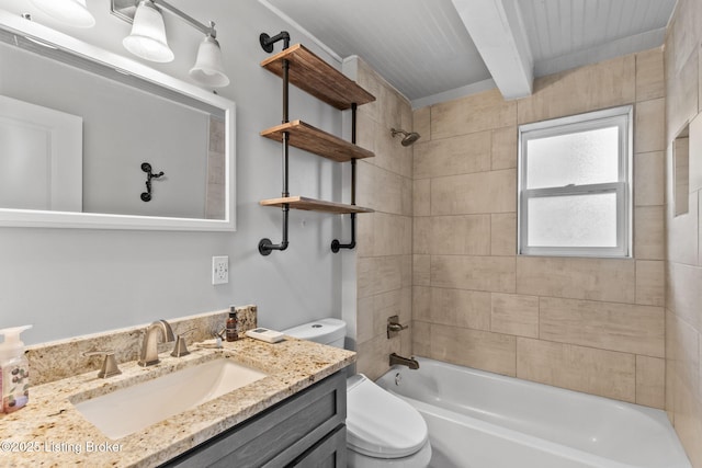 full bath featuring toilet, bathtub / shower combination, beam ceiling, and vanity