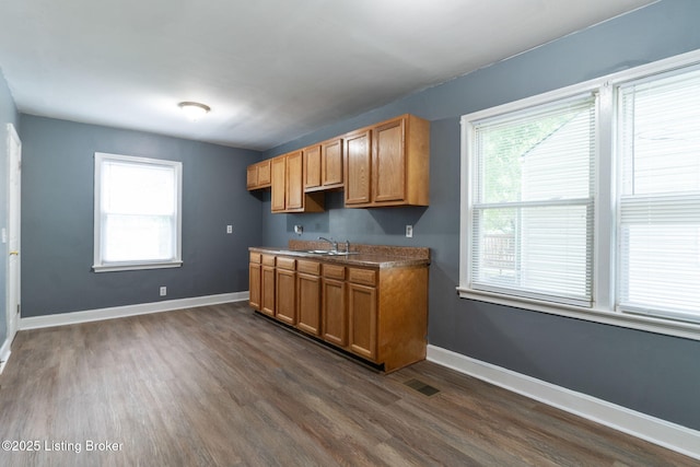 1119 Carlisle Ave, Louisville, KY 40215 - kitchen with dark wood-style floors, baseboards, a sink, and brown cabinetry