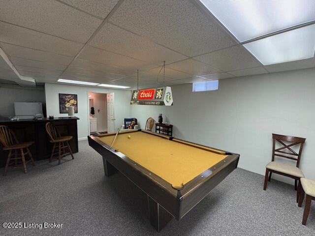 10606 Black Iron Rd, Louisville, KY 40291 - recreation room with carpet flooring, billiards, a paneled ceiling, and a bar