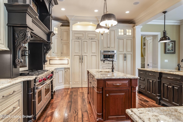 kitchen featuring stainless steel appliances, crown molding, glass insert cabinets, dark wood-style flooring, and a sink