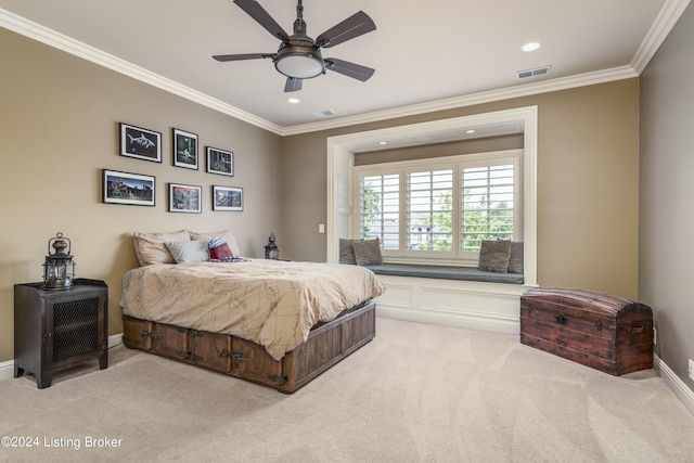 bedroom featuring light carpet, crown molding, recessed lighting, and a ceiling fan