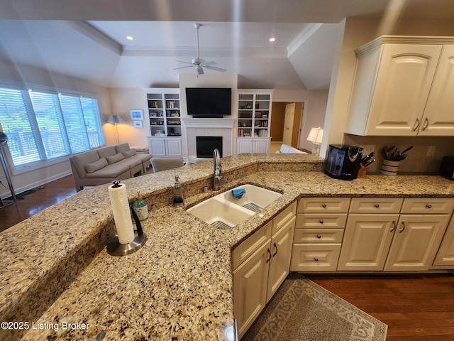 7201 Creekton Dr, Louisville, KY 40241 - kitchen with a sink, a tray ceiling, ceiling fan, dark wood-style flooring, and open floor plan