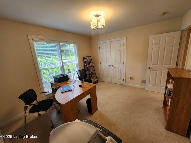 7201 Creekton Dr, Louisville, KY 40241 - office with baseboards, light carpet, and a chandelier