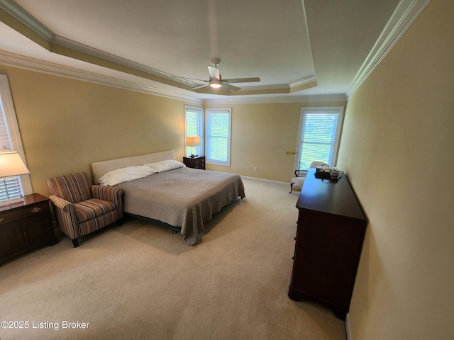 7201 Creekton Dr, Louisville, KY 40241 - bedroom featuring ornamental molding, a tray ceiling, light carpet, baseboards, and a ceiling fan