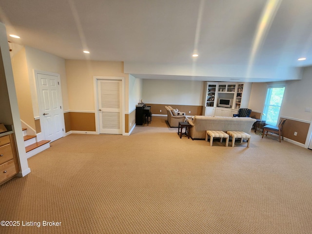 7201 Creekton Dr, Louisville, KY 40241 - living room with carpet, baseboards, recessed lighting, and stairs