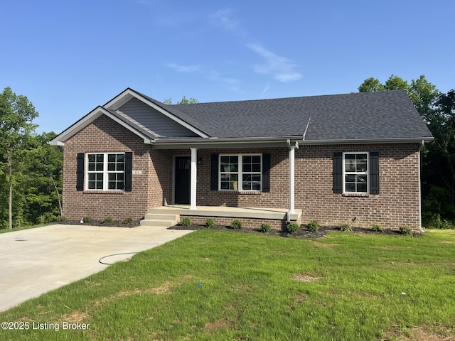 414 Park Hill Ct, Bardstown, KY 40004 - ranch-style home with covered porch, brick siding, a front yard, and roof with shingles