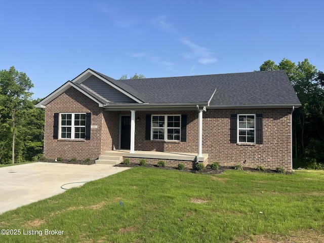 414 Park Hill Ct, Bardstown, KY 40004 - ranch-style house with a porch, brick siding, a front yard, and roof with shingles