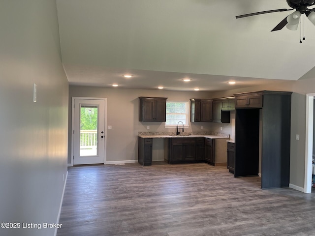 414 Park Hill Ct, Bardstown, KY 40004 - kitchen featuring a sink, a ceiling fan, wood finished floors, recessed lighting, and baseboards