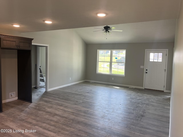 414 Park Hill Ct, Bardstown, KY 40004 - unfurnished living room with ceiling fan, baseboards, dark wood-type flooring, and recessed lighting