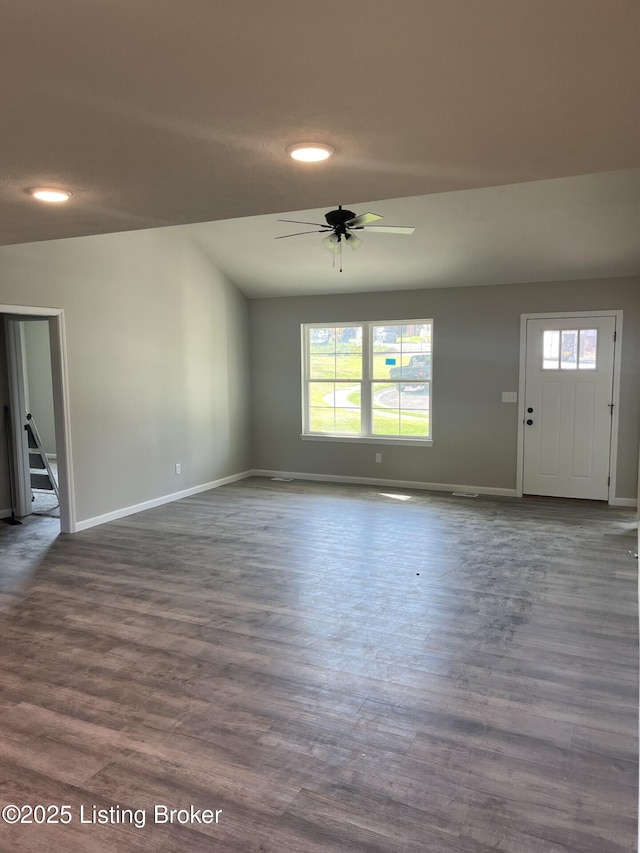 414 Park Hill Ct, Bardstown, KY 40004 - unfurnished living room featuring ceiling fan, baseboards, dark wood-style floors, and recessed lighting