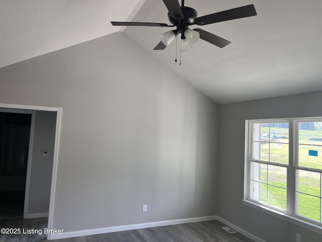 414 Park Hill Ct, Bardstown, KY 40004 - unfurnished room featuring lofted ceiling, dark wood-type flooring, a ceiling fan, and baseboards