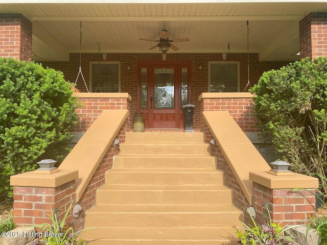 1222 Mountain View Rd, Falls Of Rough, KY 40119 - property entrance with brick siding, a ceiling fan, and a porch