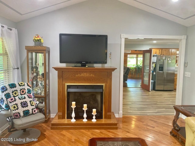 1222 Mountain View Rd, Falls Of Rough, KY 40119 - living room featuring vaulted ceiling, wood finished floors, a fireplace with raised hearth, and baseboards