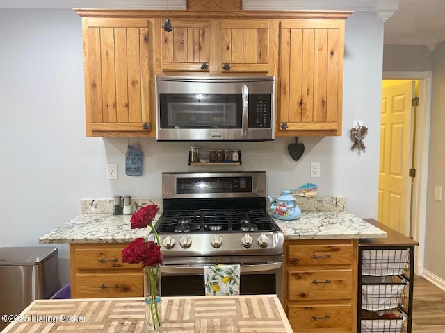 1222 Mountain View Rd, Falls Of Rough, KY 40119 - kitchen with stainless steel appliances, wood finished floors, crown molding, and light stone countertops