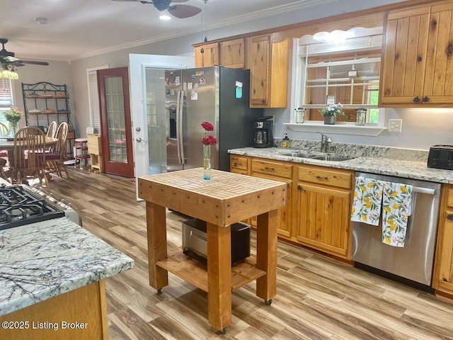 1222 Mountain View Rd, Falls Of Rough, KY 40119 - kitchen featuring appliances with stainless steel finishes, ceiling fan, a sink, crown molding, and light wood-style floors