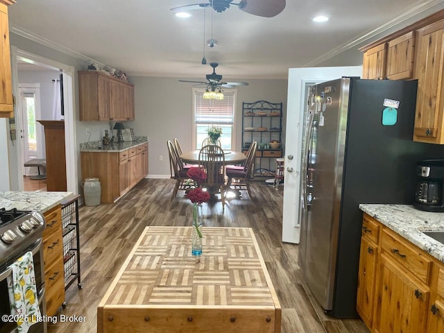 1222 Mountain View Rd, Falls Of Rough, KY 40119 - kitchen with a ceiling fan, appliances with stainless steel finishes, healthy amount of natural light, dark wood-style flooring, and ornamental molding
