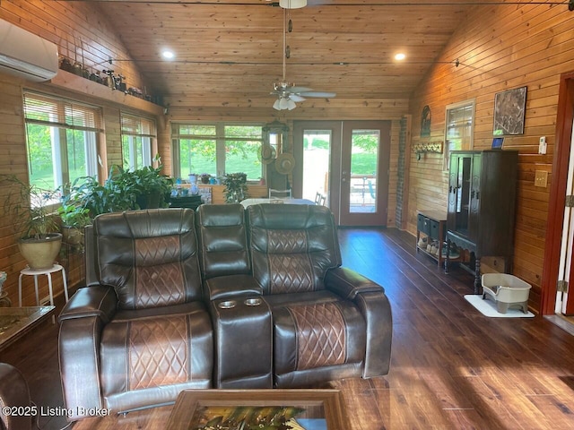 1222 Mountain View Rd, Falls Of Rough, KY 40119 - living area featuring wood ceiling, ceiling fan, hardwood / wood-style floors, wooden walls, and a wall unit AC