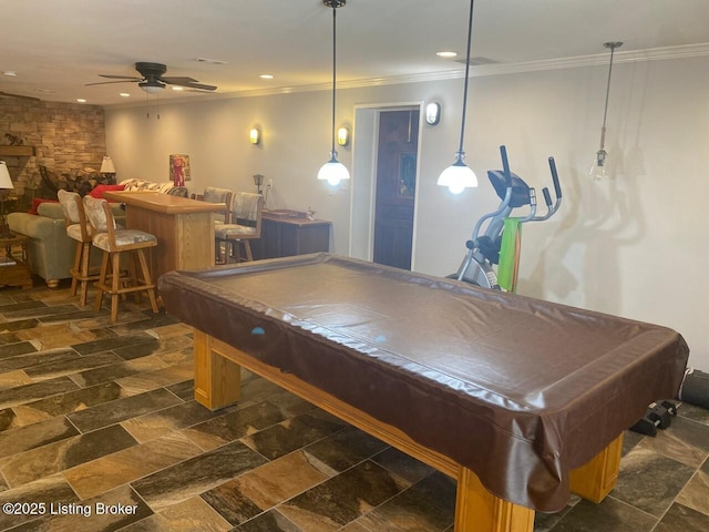 1222 Mountain View Rd, Falls Of Rough, KY 40119 - playroom with billiards, ornamental molding, ceiling fan, dark stone finish floors, and recessed lighting