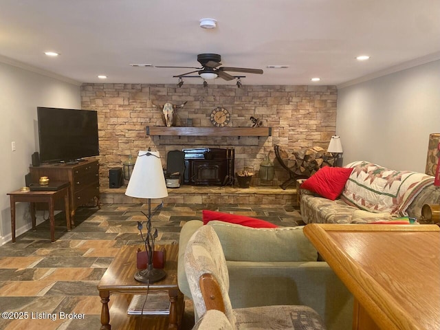 1222 Mountain View Rd, Falls Of Rough, KY 40119 - living room featuring a ceiling fan, crown molding, recessed lighting, stone finish flooring, and baseboards
