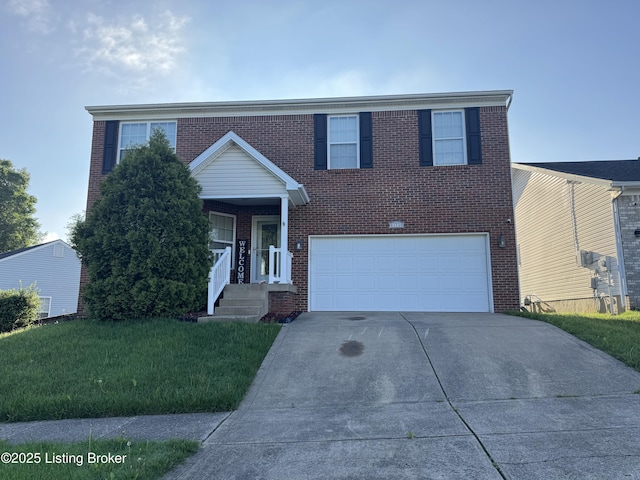 8005 Grandmeadow Ln, Louisville, KY 40258 - view of front facade with a garage, driveway, brick siding, and a front lawn