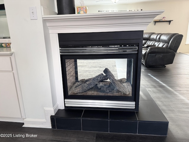 8005 Grandmeadow Ln, Louisville, KY 40258 - detailed view of wood finished floors, a multi sided fireplace, and baseboards