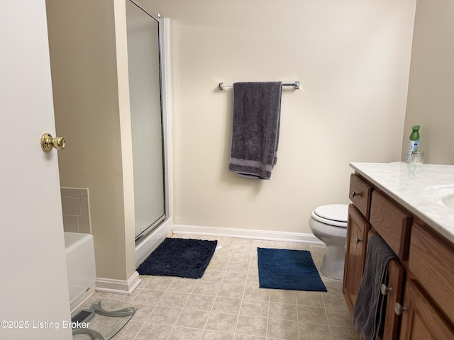 8005 Grandmeadow Ln, Louisville, KY 40258 - bathroom with tile patterned flooring, a shower stall, vanity, toilet, and baseboards