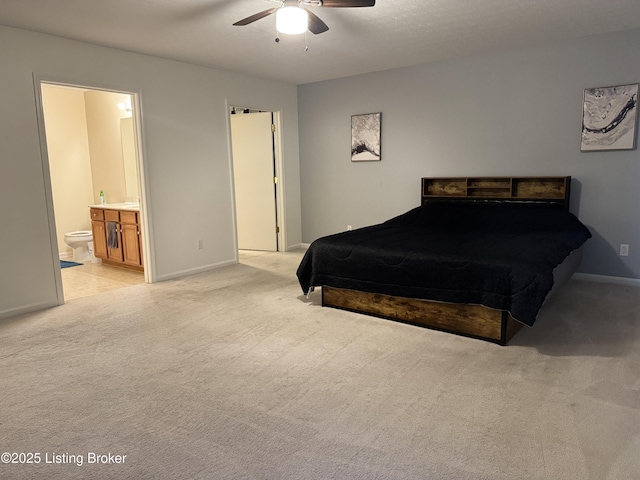 8005 Grandmeadow Ln, Louisville, KY 40258 - bedroom featuring light colored carpet, baseboards, connected bathroom, and a ceiling fan