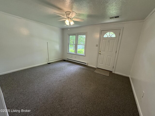 76 Bethel Church Rd, Brandenburg, KY 40108 - entryway featuring a baseboard heating unit, crown molding, ceiling fan, a textured ceiling, and baseboards