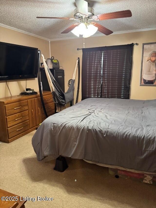 139 Mountain View Estates Rd, Elizabethtown, KY 42701 - bedroom with a textured ceiling, crown molding, carpet flooring, and ceiling fan