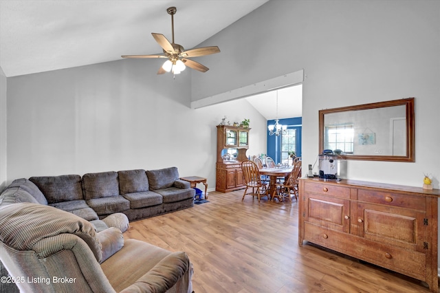 1401 Brooks Hill Rd, Brooks, KY 40109 - living area with high vaulted ceiling, light wood-type flooring, a chandelier, and ceiling fan
