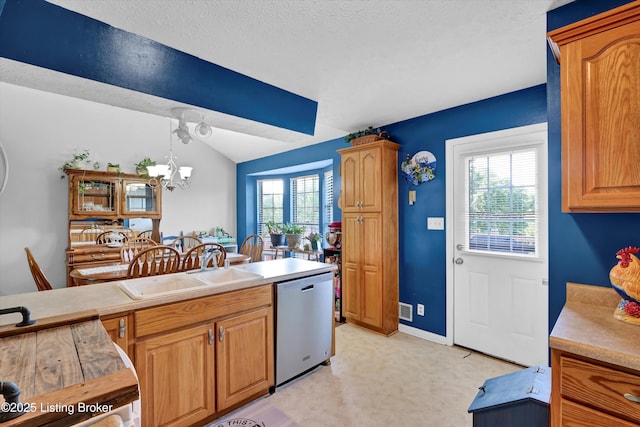1401 Brooks Hill Rd, Brooks, KY 40109 - kitchen with dishwasher, a sink, light carpet, a chandelier, and light countertops